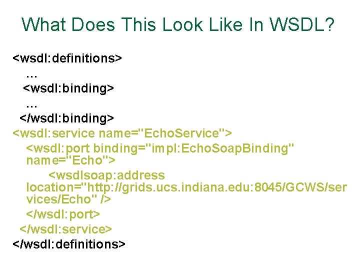What Does This Look Like In WSDL? <wsdl: definitions> … <wsdl: binding> … </wsdl: