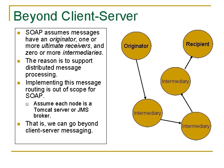 Beyond Client-Server n n n SOAP assumes messages have an originator, one or more