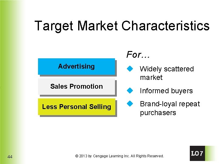 Target Market Characteristics For… Advertising Sales Promotion Less Personal Selling 44 u Widely scattered