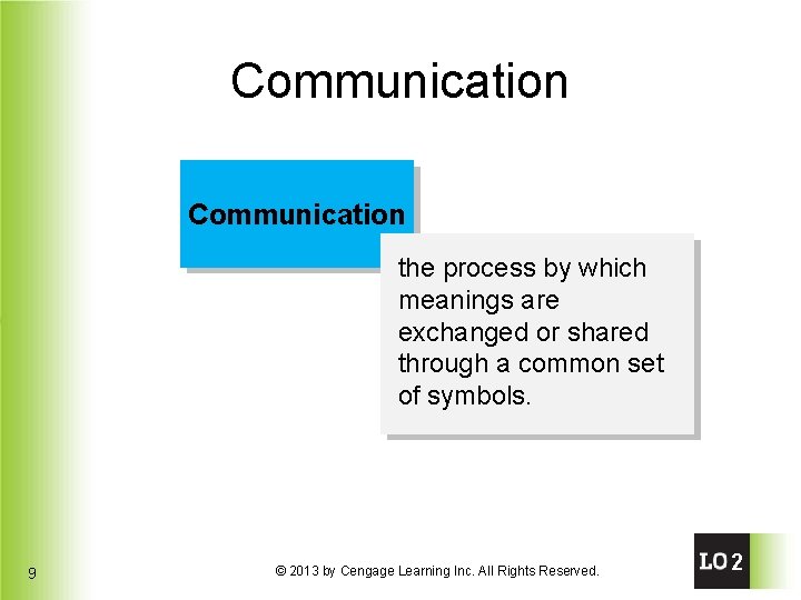 Communication the process by which meanings are exchanged or shared through a common set