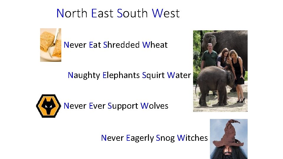 North East South West Never Eat Shredded Wheat Naughty Elephants Squirt Water Never Ever