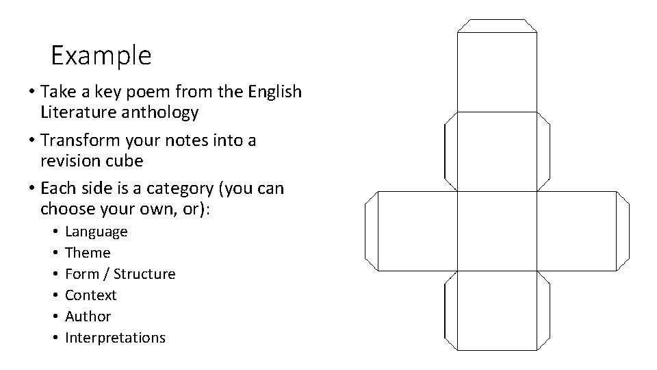 Example • Take a key poem from the English Literature anthology • Transform your