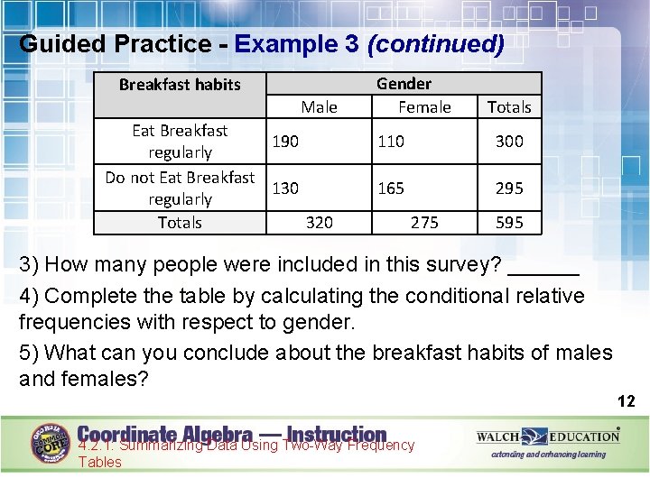 Guided Practice - Example 3 (continued) Breakfast habits Male Eat Breakfast 190 regularly Do