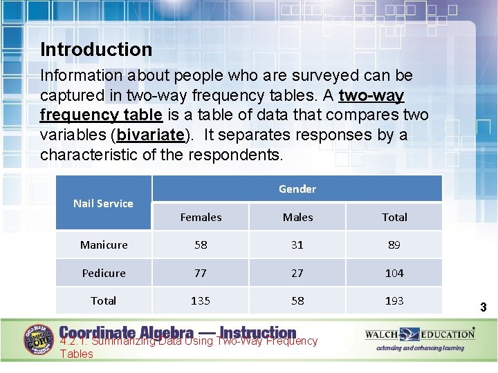 Introduction Information about people who are surveyed can be captured in two-way frequency tables.