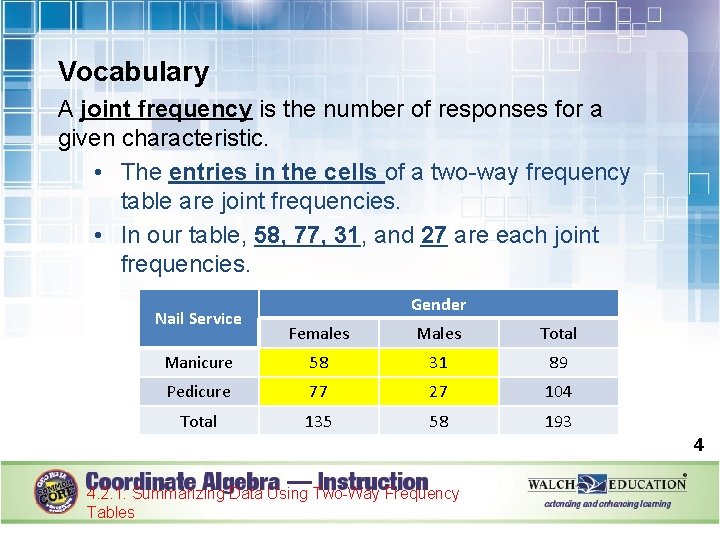 Vocabulary A joint frequency is the number of responses for a given characteristic. •