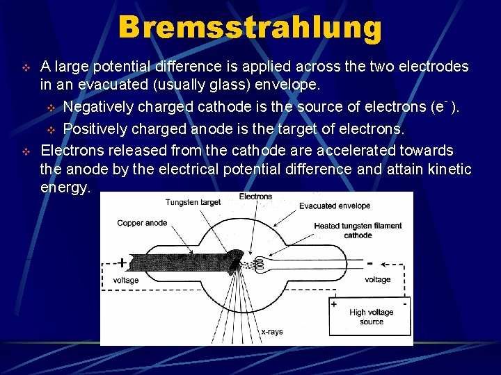 Bremsstrahlung v v A large potential difference is applied across the two electrodes in