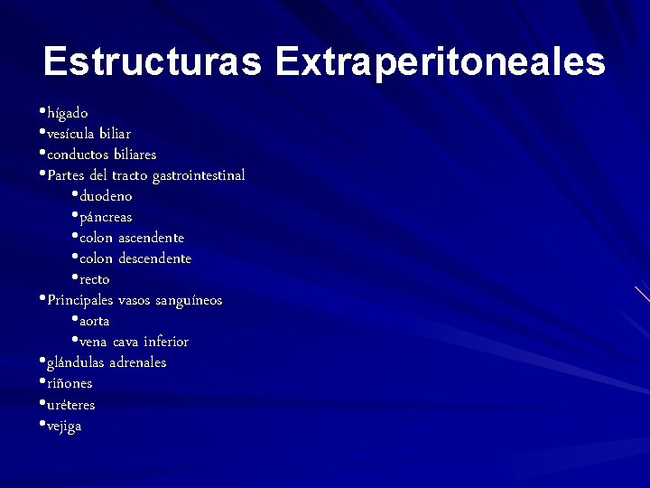 Estructuras Extraperitoneales • hígado • vesícula biliar • conductos biliares • Partes del tracto