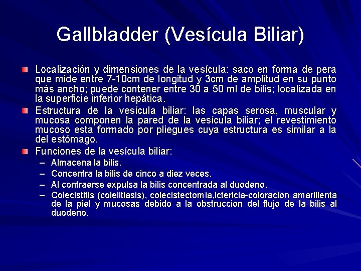 Gallbladder (Vesícula Biliar) Localización y dimensiones de la vesícula: saco en forma de pera