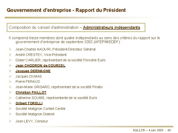 Gouvernement d’entreprise - Rapport du Président Composition du conseil d’administration – Administrateurs indépendants Il