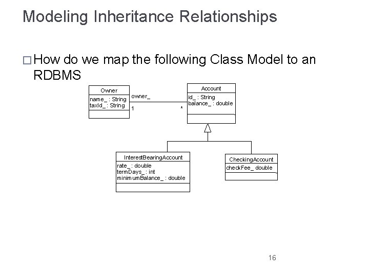 Modeling Inheritance Relationships � How do we map the following Class Model to an