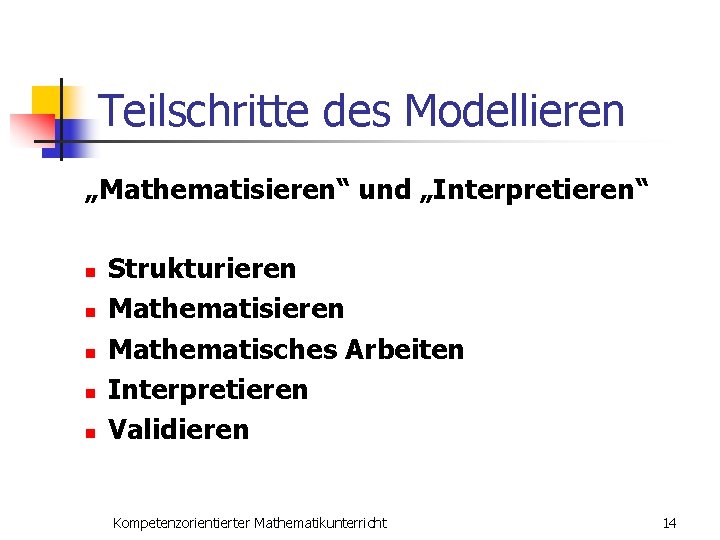 Teilschritte des Modellieren „Mathematisieren“ und „Interpretieren“ n n n Strukturieren Mathematisches Arbeiten Interpretieren Validieren