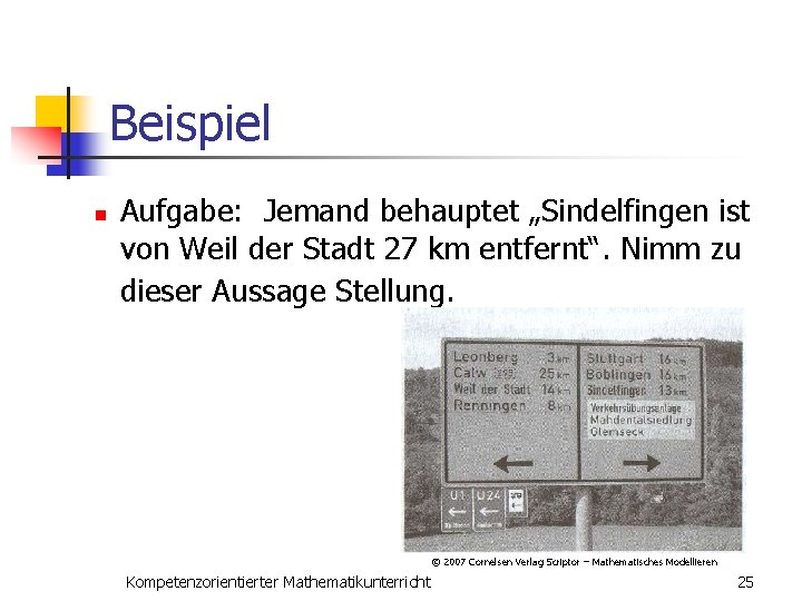 Beispiel n Aufgabe: Jemand behauptet „Sindelfingen ist von Weil der Stadt 27 km entfernt“.