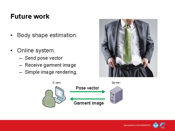 Future work • Body shape estimation. • Online system. – Send pose vector –