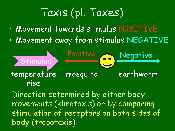 Taxis (pl. Taxes) • Movement towards stimulus POSITIVE • Movement away from stimulus NEGATIVE