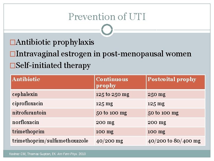 Prevention of UTI �Antibiotic prophylaxis �Intravaginal estrogen in post-menopausal women �Self-initiated therapy Antibiotic Continuous