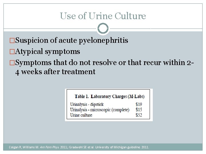 Use of Urine Culture �Suspicion of acute pyelonephritis �Atypical symptoms �Symptoms that do not