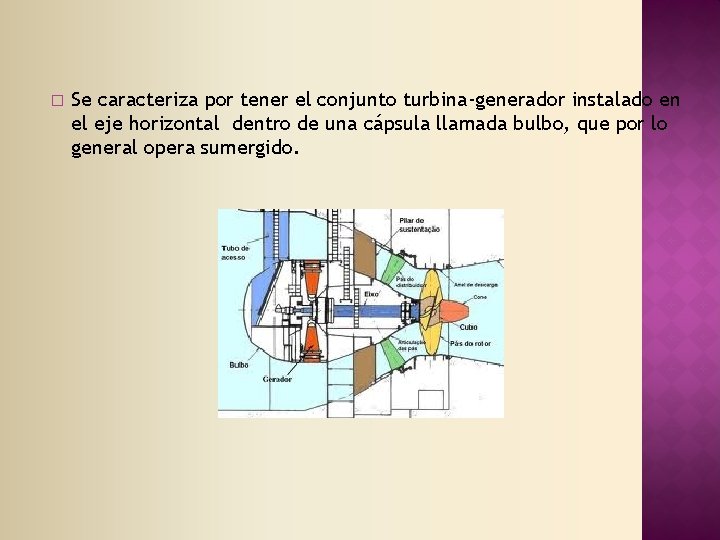 � Se caracteriza por tener el conjunto turbina-generador instalado en el eje horizontal dentro