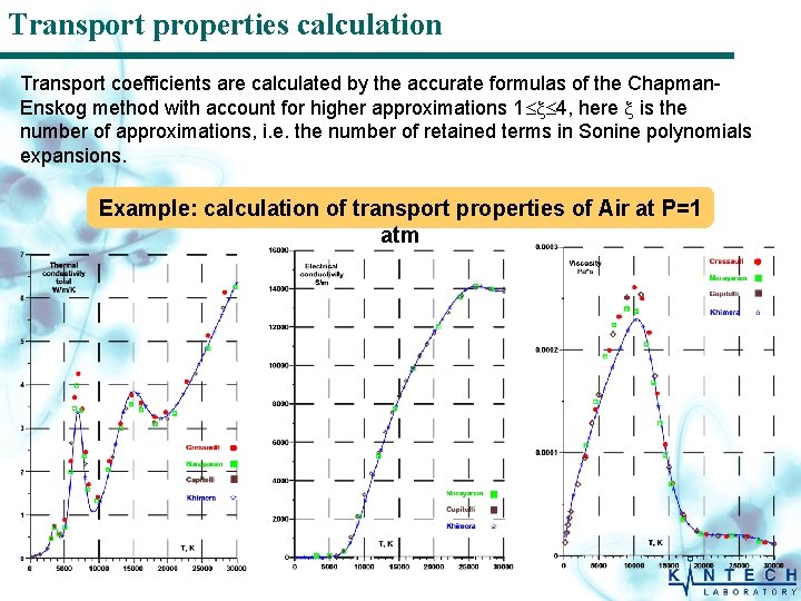 Transport properties calculation Transport coefficients are calculated by the accurate formulas of the Chapman.