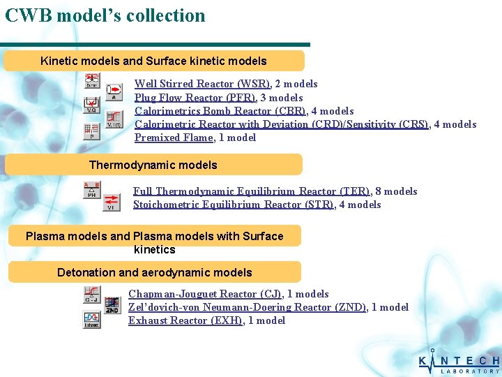 CWB model’s collection Kinetic models and Surface kinetic models Well Stirred Reactor (WSR), 2