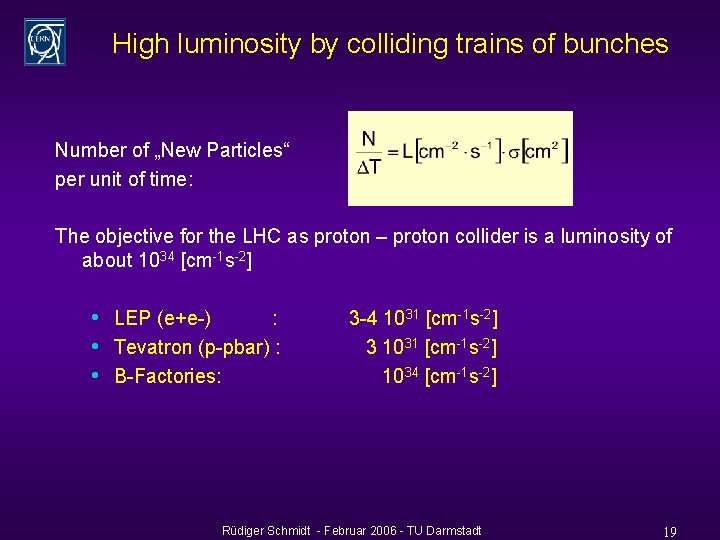 High luminosity by colliding trains of bunches Number of „New Particles“ per unit of