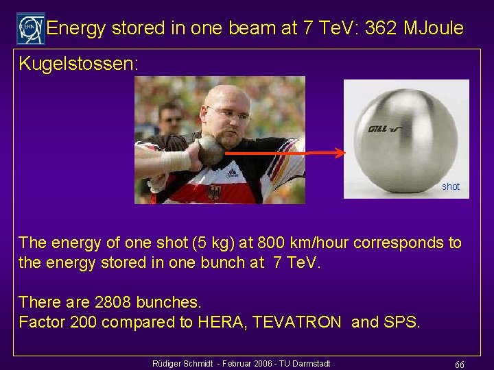 Energy stored in one beam at 7 Te. V: 362 MJoule Kugelstossen: shot The