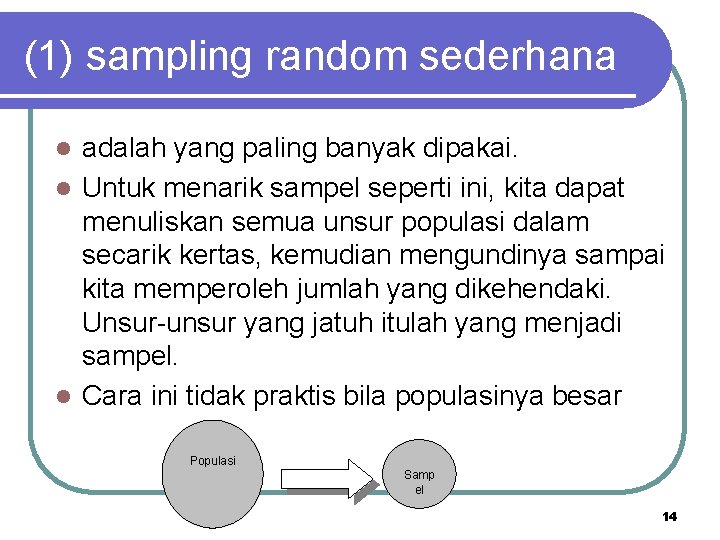 (1) sampling random sederhana adalah yang paling banyak dipakai. l Untuk menarik sampel seperti