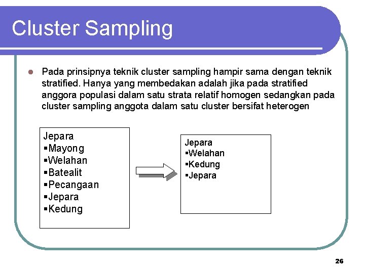 Cluster Sampling l Pada prinsipnya teknik cluster sampling hampir sama dengan teknik stratified. Hanya
