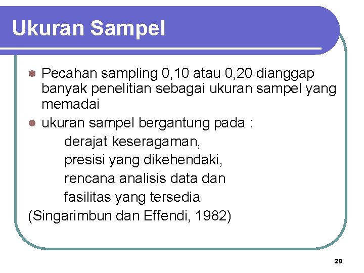 Ukuran Sampel Pecahan sampling 0, 10 atau 0, 20 dianggap banyak penelitian sebagai ukuran