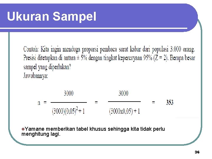 Ukuran Sampel l. Yamane memberikan tabel khusus sehingga kita tidak perlu menghitung lagi. 36