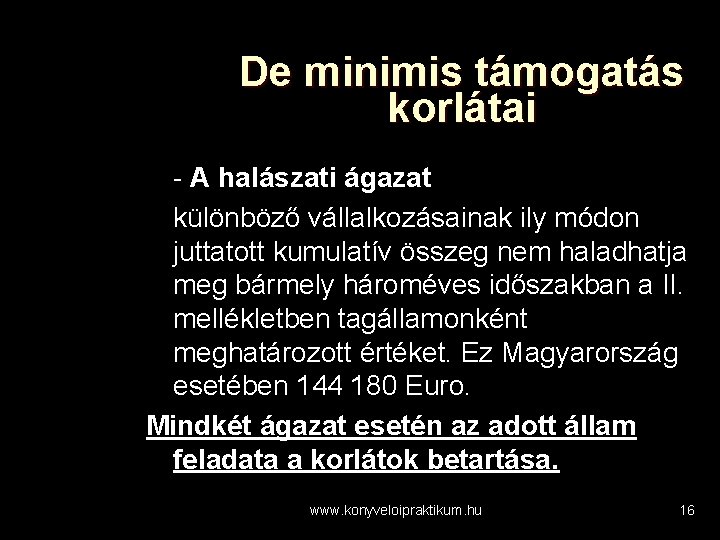 De minimis támogatás korlátai - A halászati ágazat különböző vállalkozásainak ily módon juttatott kumulatív