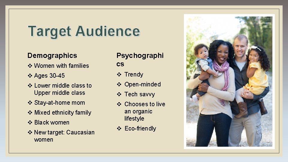 Target Audience Demographics v Women with families Psychographi cs v Ages 30 -45 v