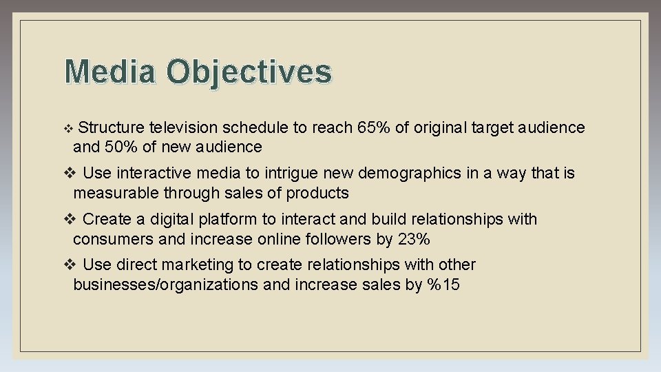 Media Objectives v Structure television schedule to reach 65% of original target audience and