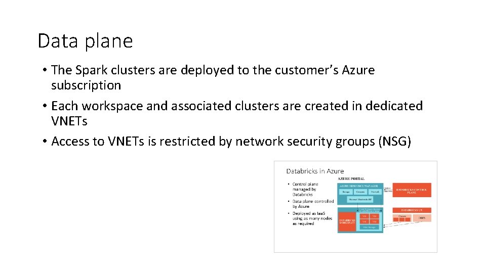 Data plane • The Spark clusters are deployed to the customer’s Azure subscription •