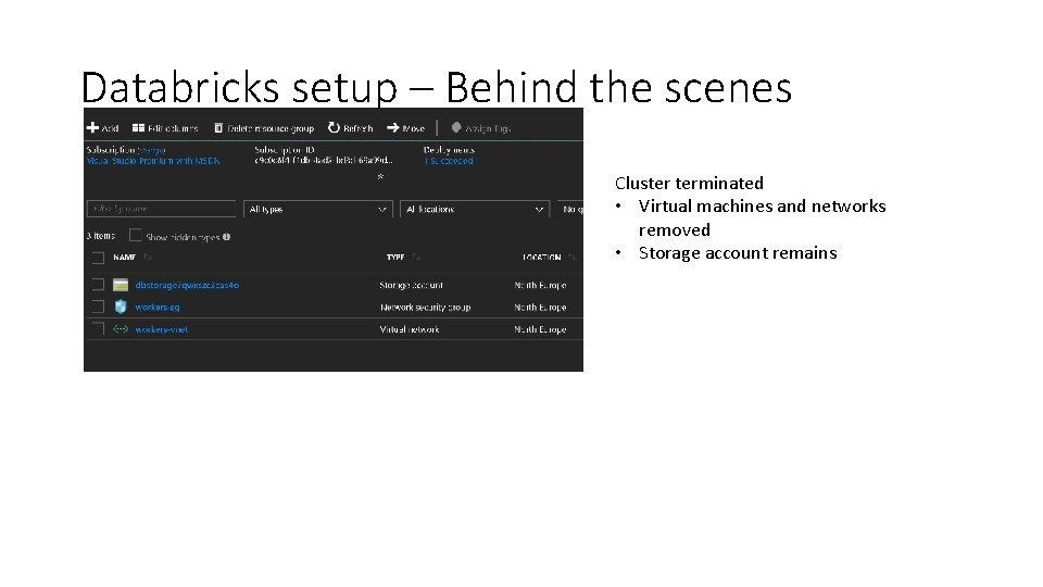 Databricks setup – Behind the scenes Cluster terminated • Virtual machines and networks removed