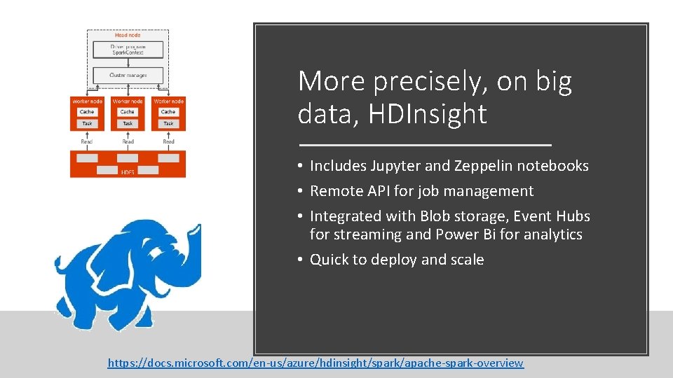 More precisely, on big data, HDInsight • Includes Jupyter and Zeppelin notebooks • Remote