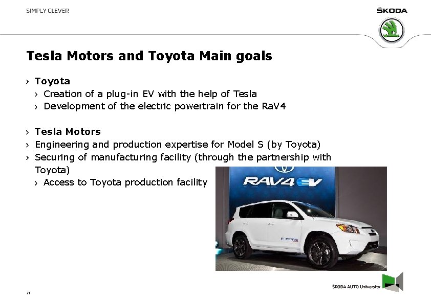Tesla Motors and Toyota Main goals Toyota Creation of a plug-in EV with the