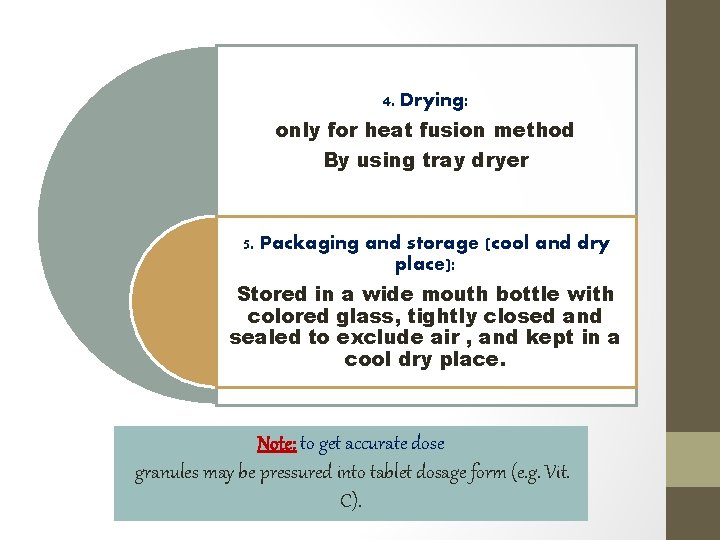 4. Drying: only for heat fusion method By using tray dryer 5. Packaging and