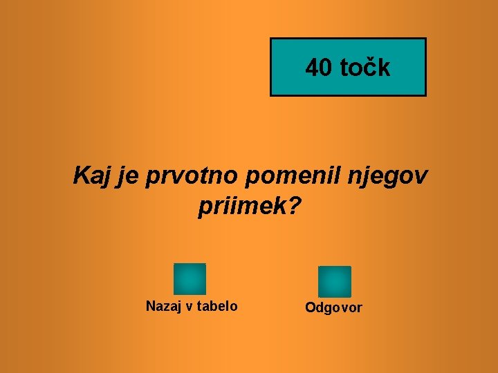 40 točk Kaj je prvotno pomenil njegov priimek? Nazaj v tabelo Odgovor 