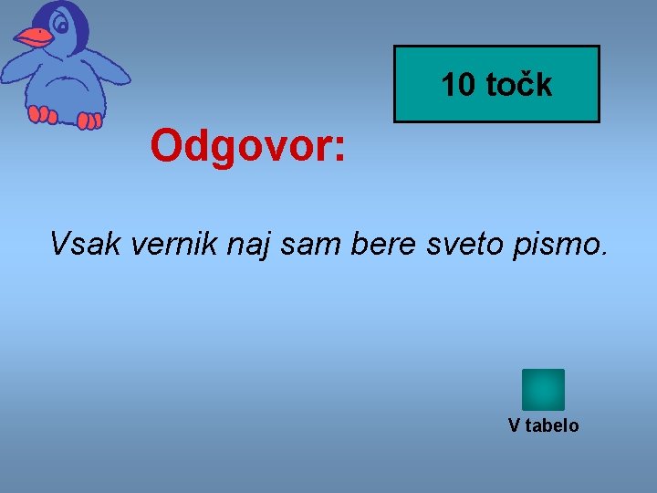10 točk Odgovor: Vsak vernik naj sam bere sveto pismo. V tabelo 