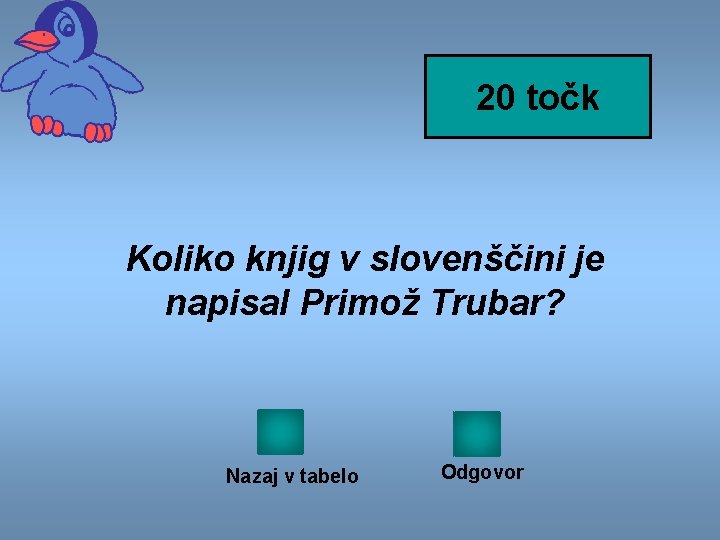 20 točk Koliko knjig v slovenščini je napisal Primož Trubar? Nazaj v tabelo Odgovor
