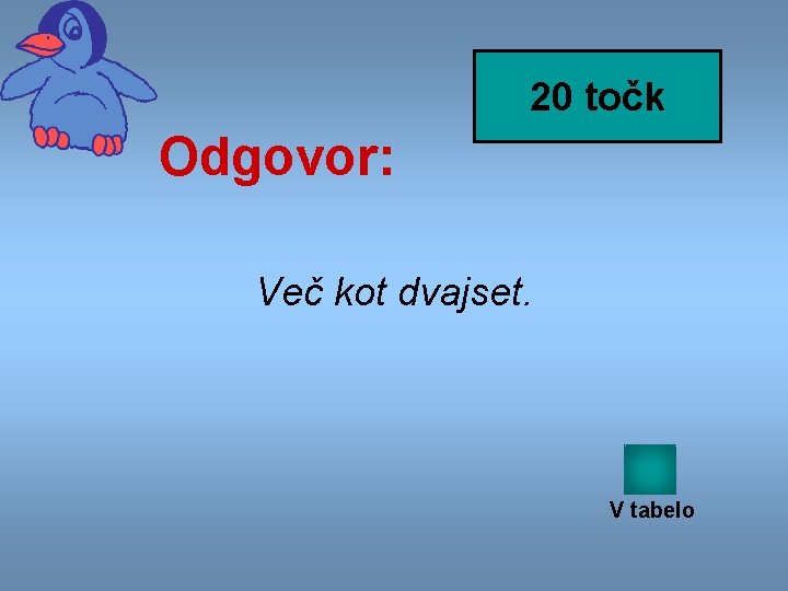 20 točk Odgovor: Več kot dvajset. V tabelo 