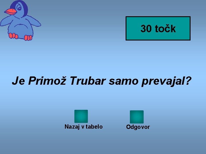 30 točk Je Primož Trubar samo prevajal? Nazaj v tabelo Odgovor 