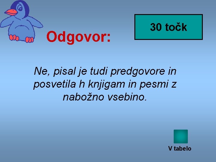 Odgovor: 30 točk Ne, pisal je tudi predgovore in posvetila h knjigam in pesmi