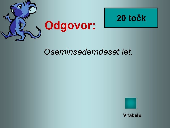Odgovor: 20 točk Oseminsedemdeset let. V tabelo 
