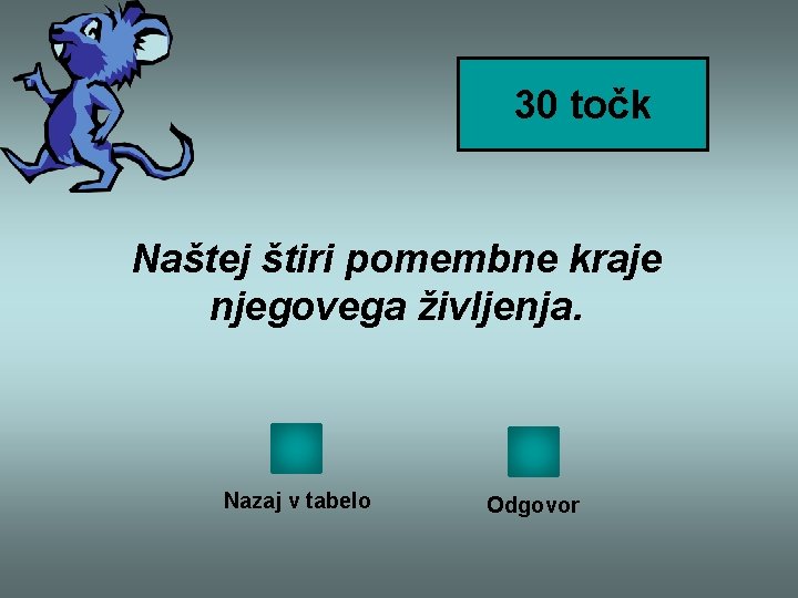 30 točk Naštej štiri pomembne kraje njegovega življenja. Nazaj v tabelo Odgovor 