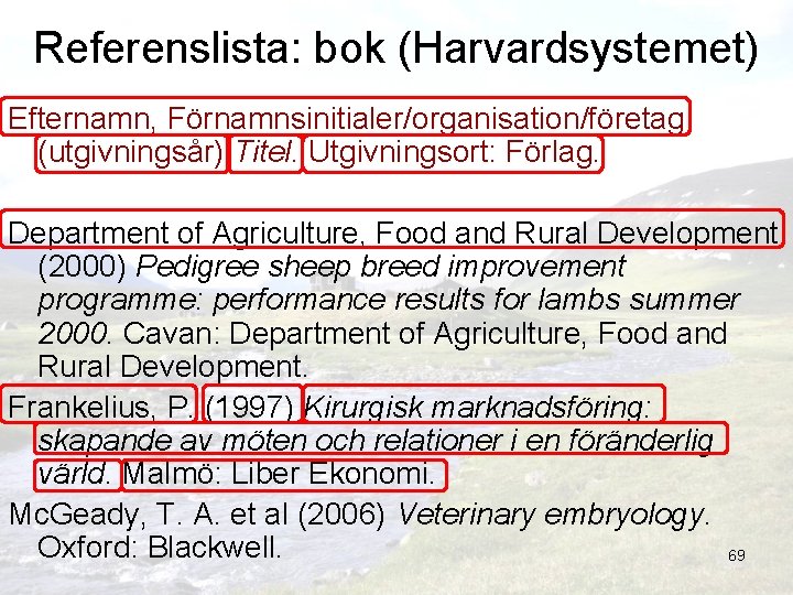 Referenslista: bok (Harvardsystemet) Efternamn, Förnamnsinitialer/organisation/företag (utgivningsår) Titel. Utgivningsort: Förlag. Department of Agriculture, Food and