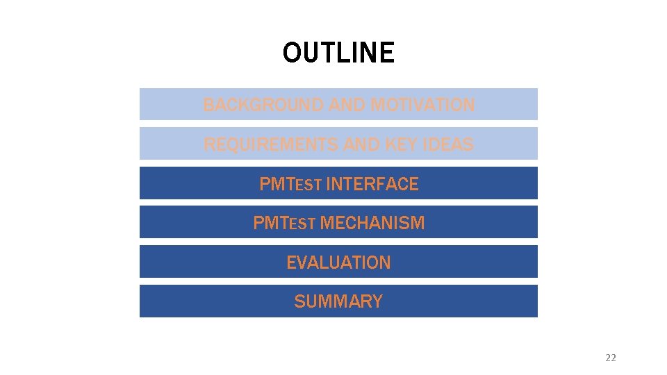 OUTLINE BACKGROUND AND MOTIVATION REQUIREMENTS AND KEY IDEAS PMTEST INTERFACE PMTEST MECHANISM EVALUATION SUMMARY