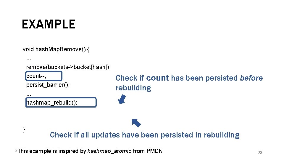 EXAMPLE void hash. Map. Remove() { . . . remove(buckets->bucket[hash]); count--; Check if count