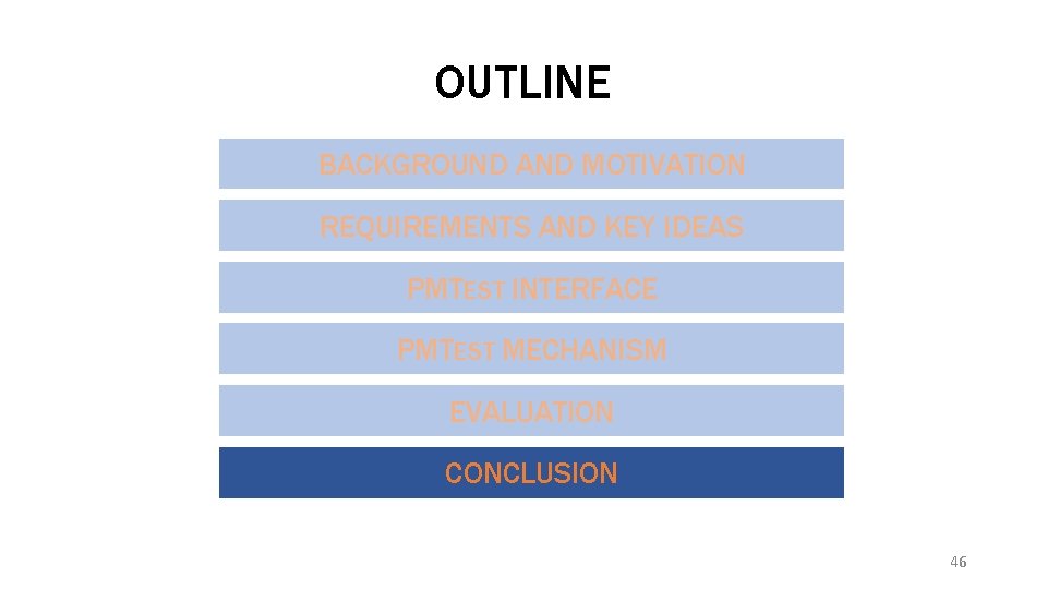 OUTLINE BACKGROUND AND MOTIVATION REQUIREMENTS AND KEY IDEAS PMTEST INTERFACE PMTEST MECHANISM EVALUATION CONCLUSION