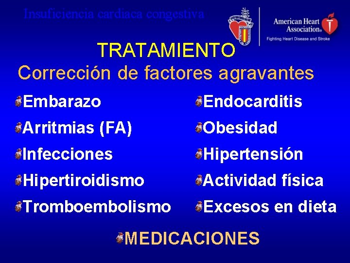 Insuficiencia cardiaca congestiva TRATAMIENTO Corrección de factores agravantes Embarazo Endocarditis Arritmias (FA) Obesidad Infecciones